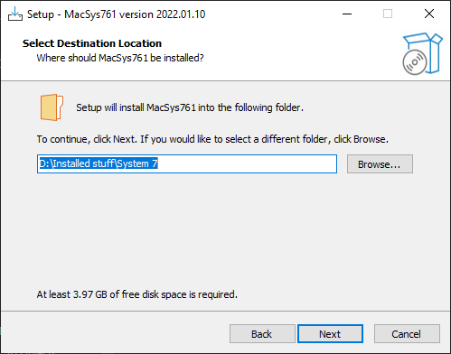 MacSys761 installer asking where to install MacSys761. It wants 3.97GB of free disk space.